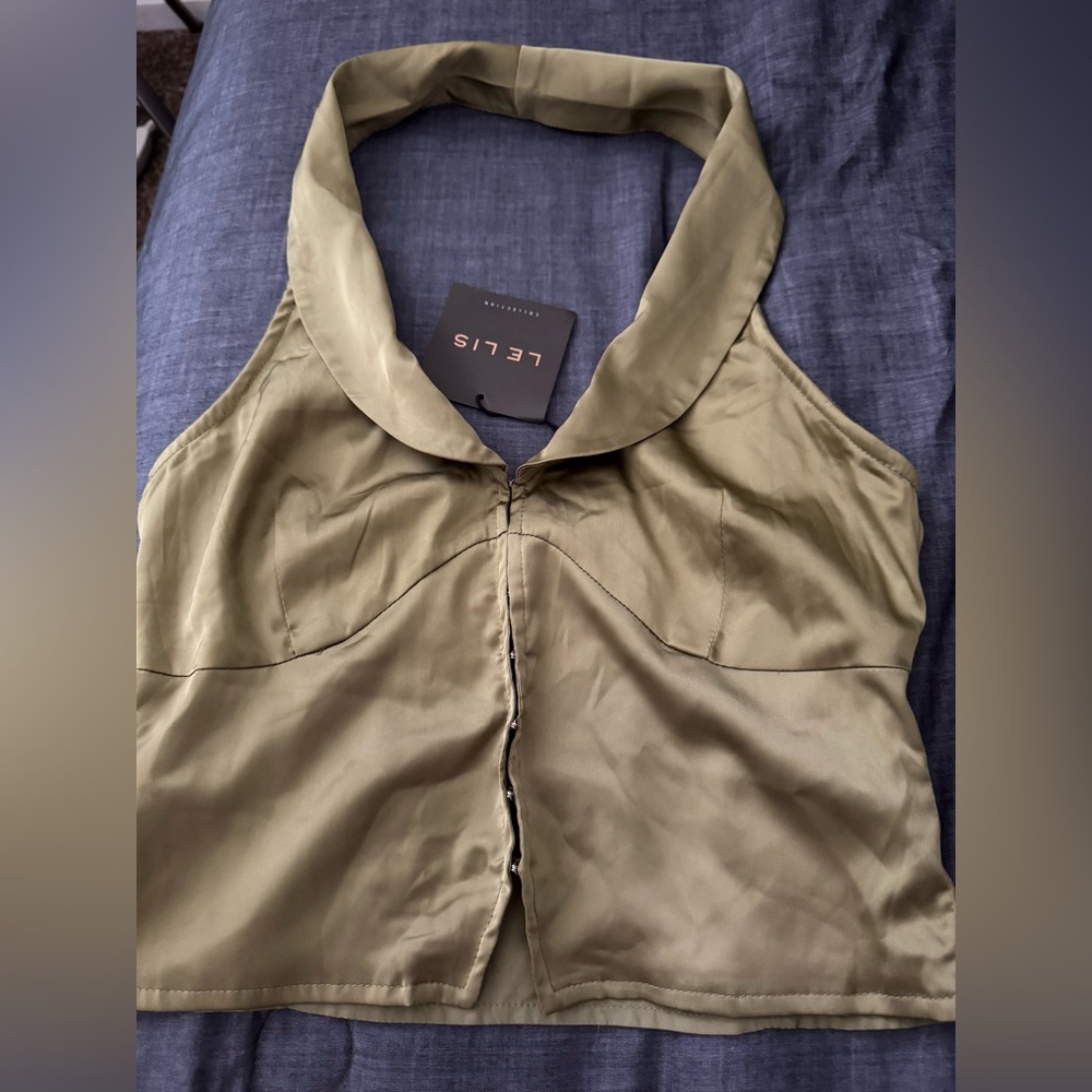 Le Lis Olive Green Halter Crop Tank Top